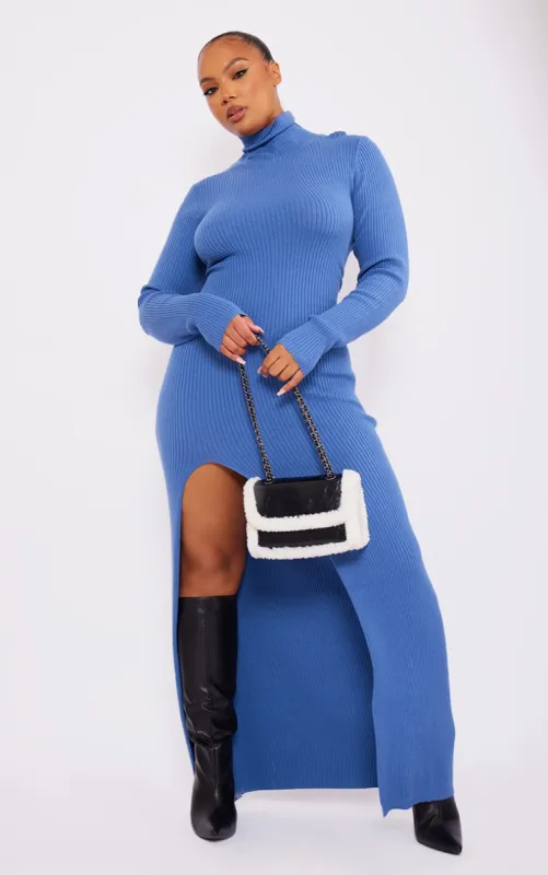 Plus Blue Knitted Ribbed Side Split Maxi Dress sold by Pretty Little Thing