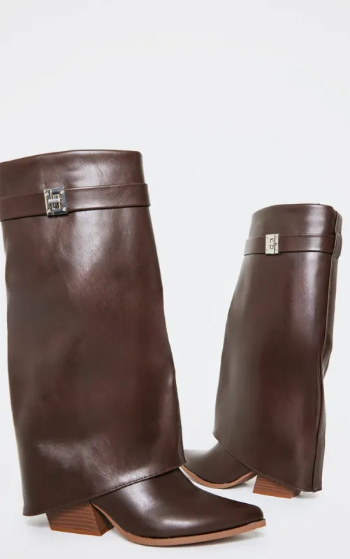 Brown PU Point Toe Lock Detail Calf High Low Block Heeled Boots sold by Pretty Little Thing