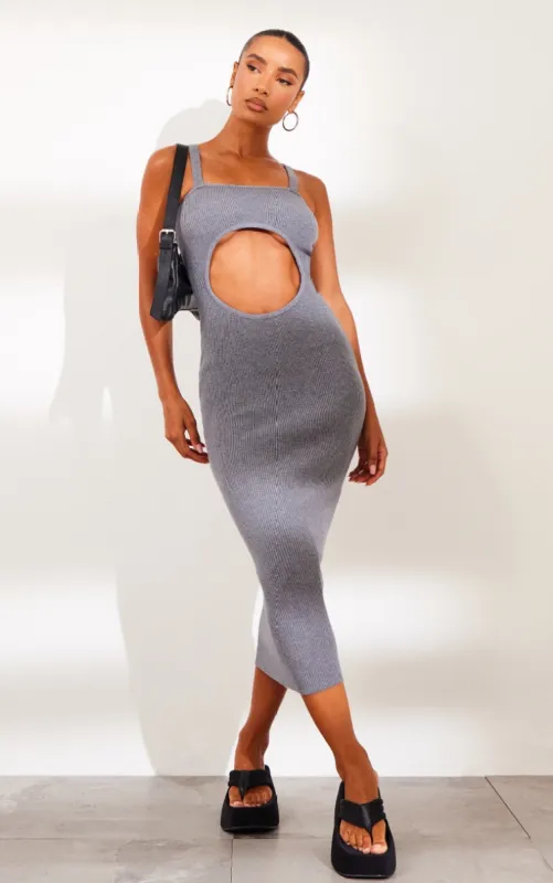 Charcoal Grey Front Cut Out Soft Rib Maxi Dress sold by Pretty Little Thing