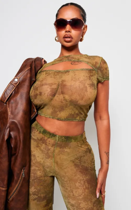 Shape Green Mesh Tie Dye Print Cut Out Front Crop Top sold by Pretty Little Thing
