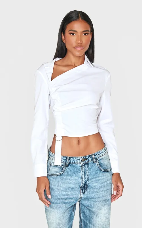 White Ruched Buckle Asymmetric Shirt sold by Pretty Little Thing