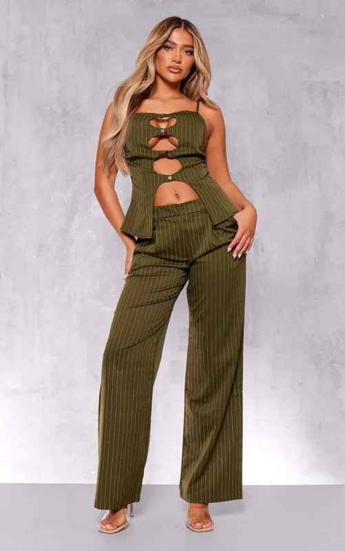 Dark Green Tailored Pinstripe Wide Leg Trousers sold by Pretty Little Thing
