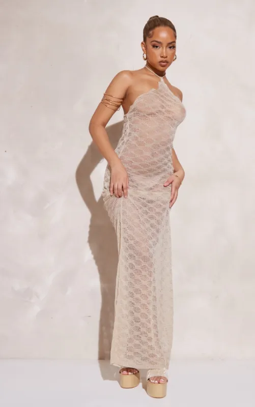 Petite Oatmeal Sheer Knitted Maxi Dress sold by Pretty Little Thing