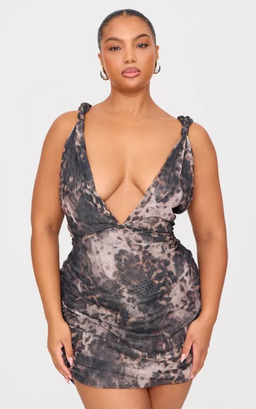 Plus Grey Leopard Double Layer Slinky Mesh Panel Bodycon Dress made by Pretty Little Thing