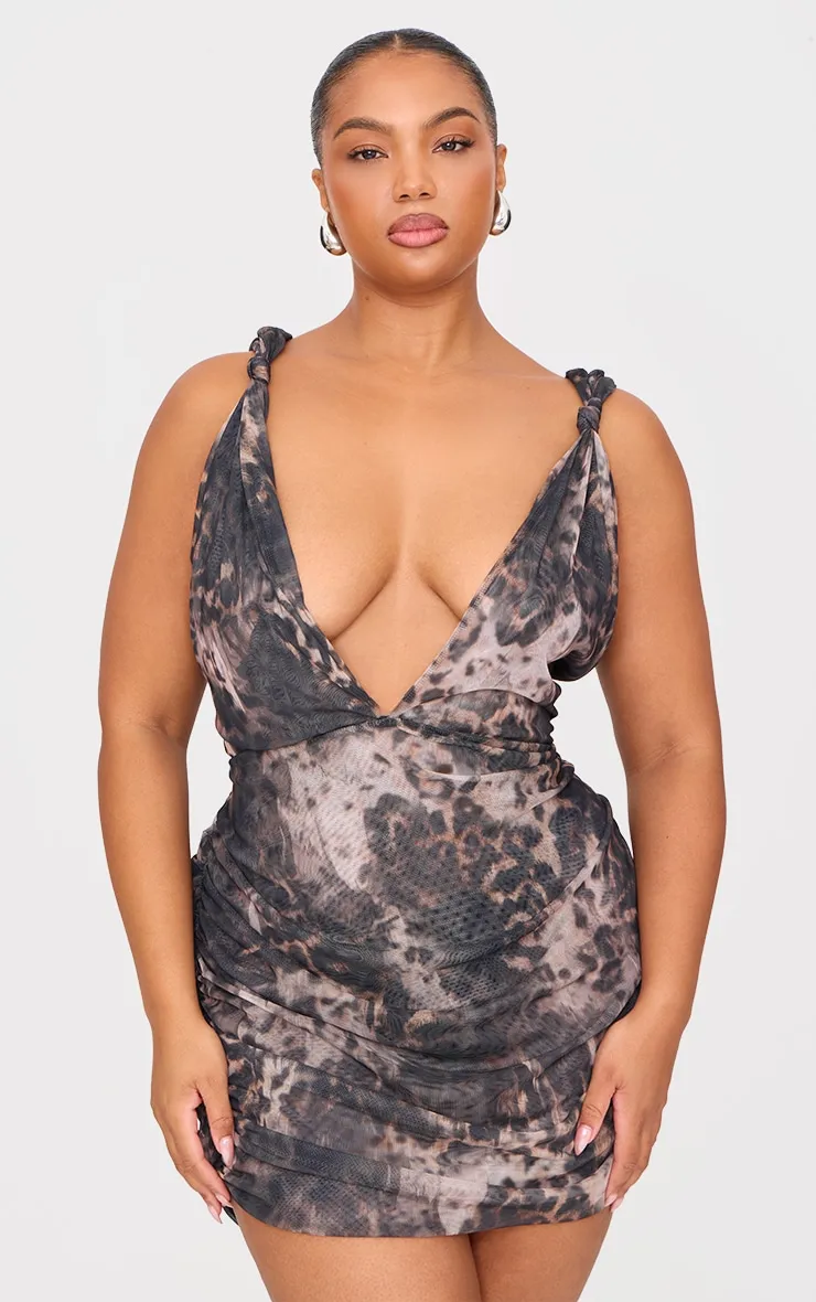 Plus Grey Leopard Double Layer Slinky Mesh Panel Bodycon Dress sold by Pretty Little Thing