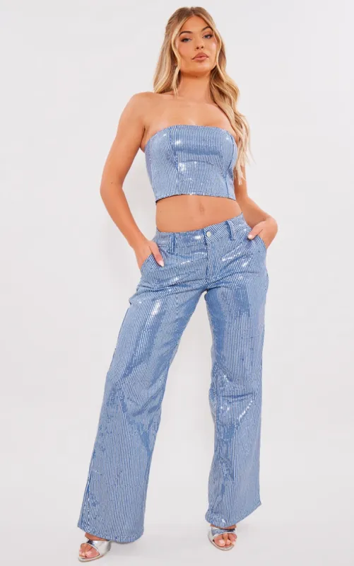 Light Blue Wash Sequin Wide Leg Jean sold by Pretty Little Thing