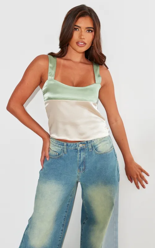 Champagne Satin Colour Block Cami Top sold by Pretty Little Thing