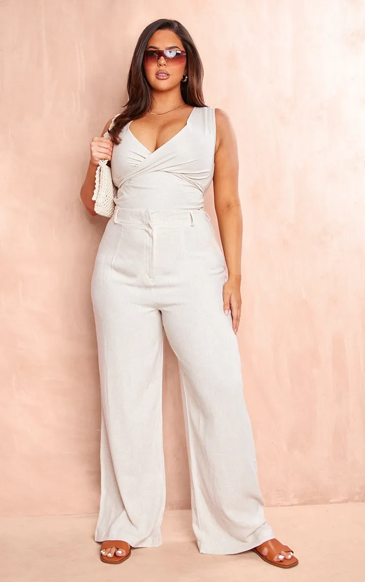 Plus Natural Linen Look Wide Leg Trousers sold by Pretty Little Thing