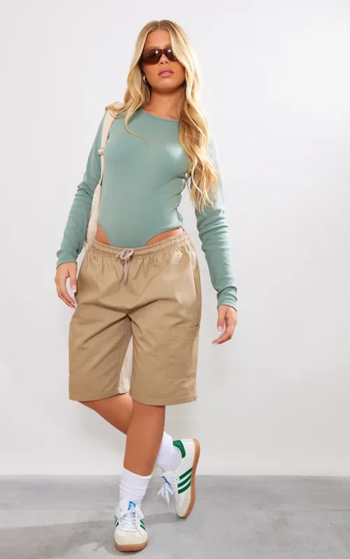 Sea Green Basic Rib Long Sleeve Bodysuit sold by Pretty Little Thing