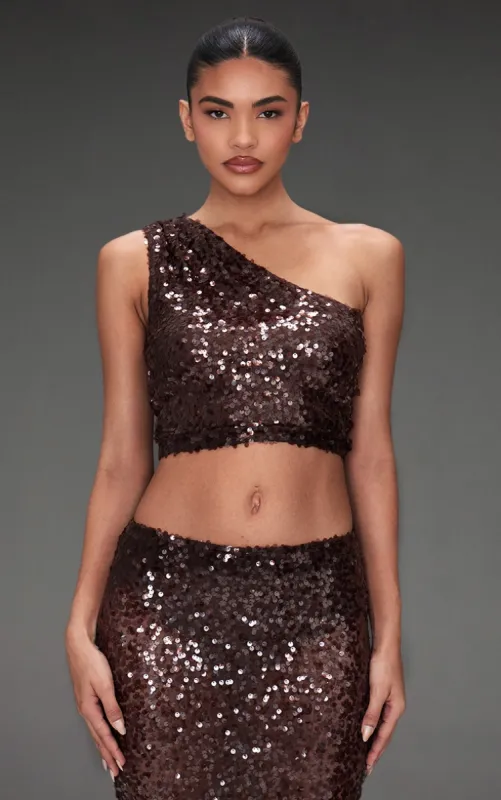 Dark Brown Sequin Mesh One Shoulder Top made by Pretty Little Thing