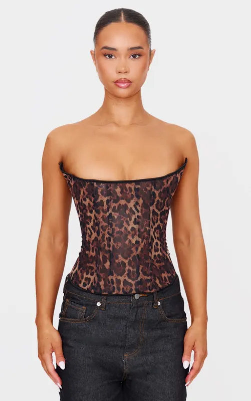 Leopard Print Mesh Lace Up Detail Bandeau Corset sold by Pretty Little Thing