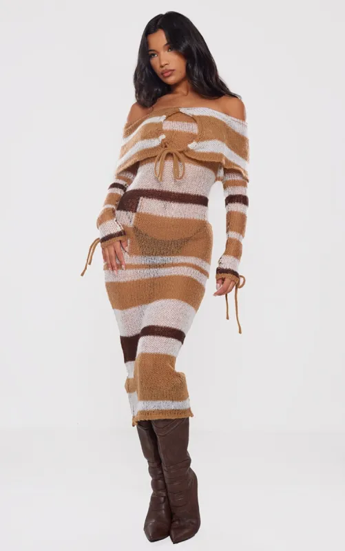  Brown Tonal Soft Knit Foldover Tie Detail Bardot Maxi Dress made by Pretty Little Thing