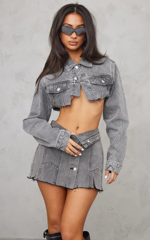 Petite Grey Wash Distressed Super Cropped Denim Jacket sold by Pretty Little Thing