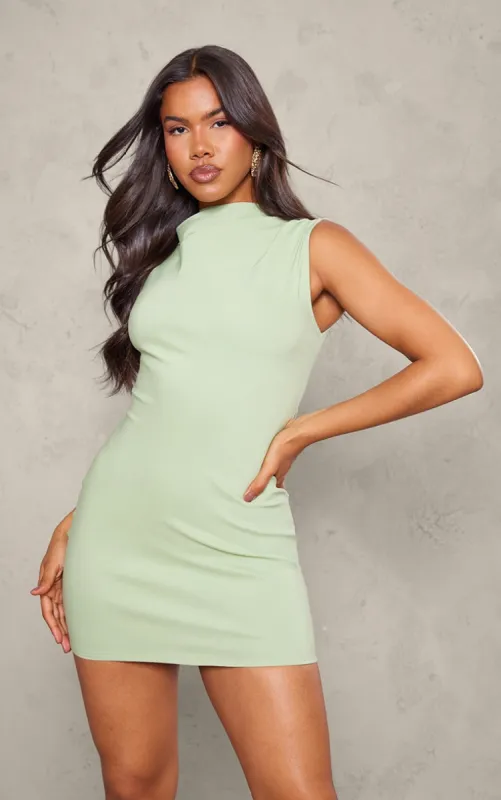 Sage Stretch Woven High Neck Mini Dress sold by Pretty Little Thing