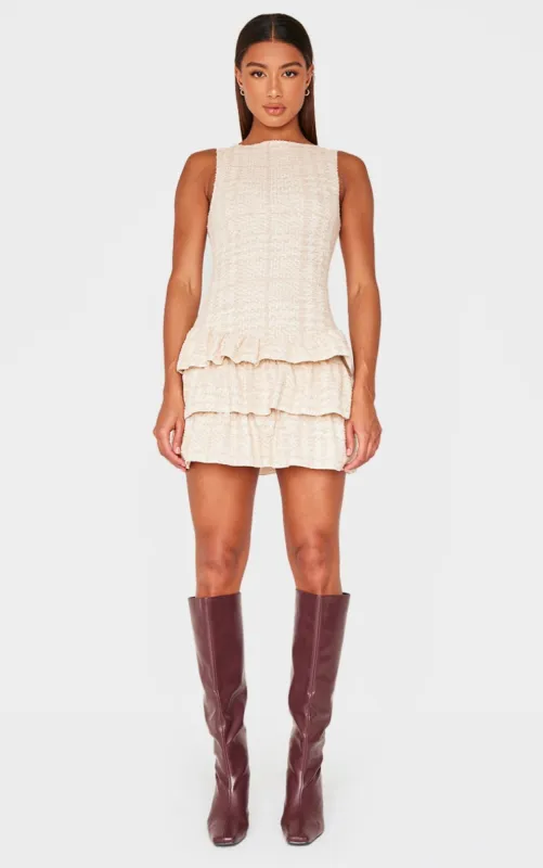 Cream Boucle Sleeveless Frill Mini Dress made by Pretty Little Thing