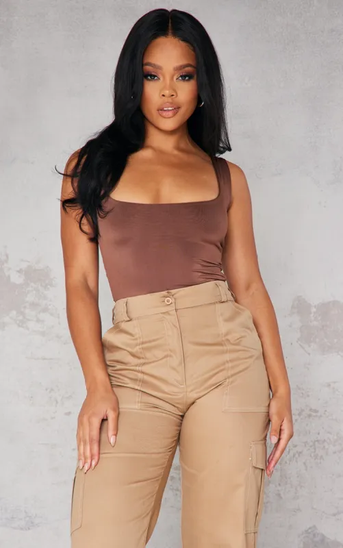 Dark Brown Basic Slinky Scoop Neck Bodysuit sold by Pretty Little Thing