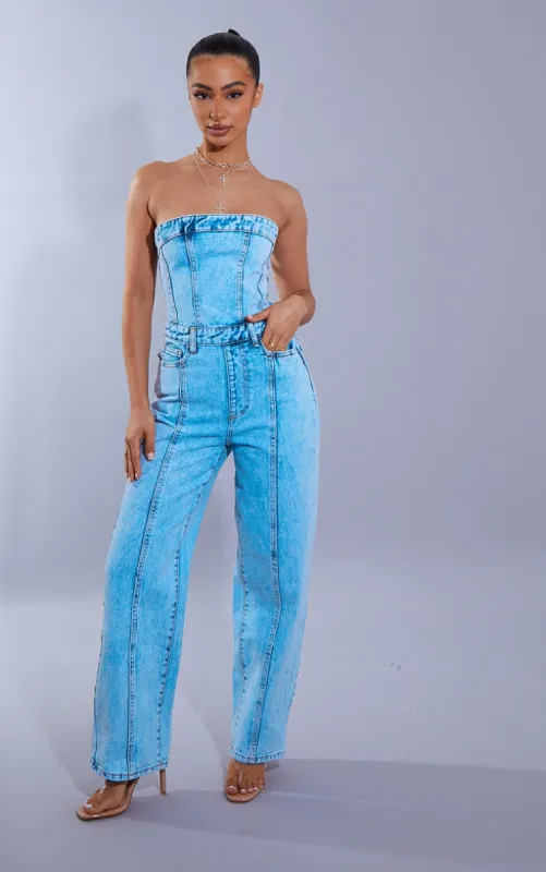 Petite Acid Blue Wash Bandeau Denim Jumpsuit sold by Pretty Little Thing