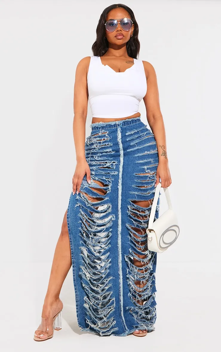 Shape Blue Frayed Denim Maxi Skirt sold by Pretty Little Thing
