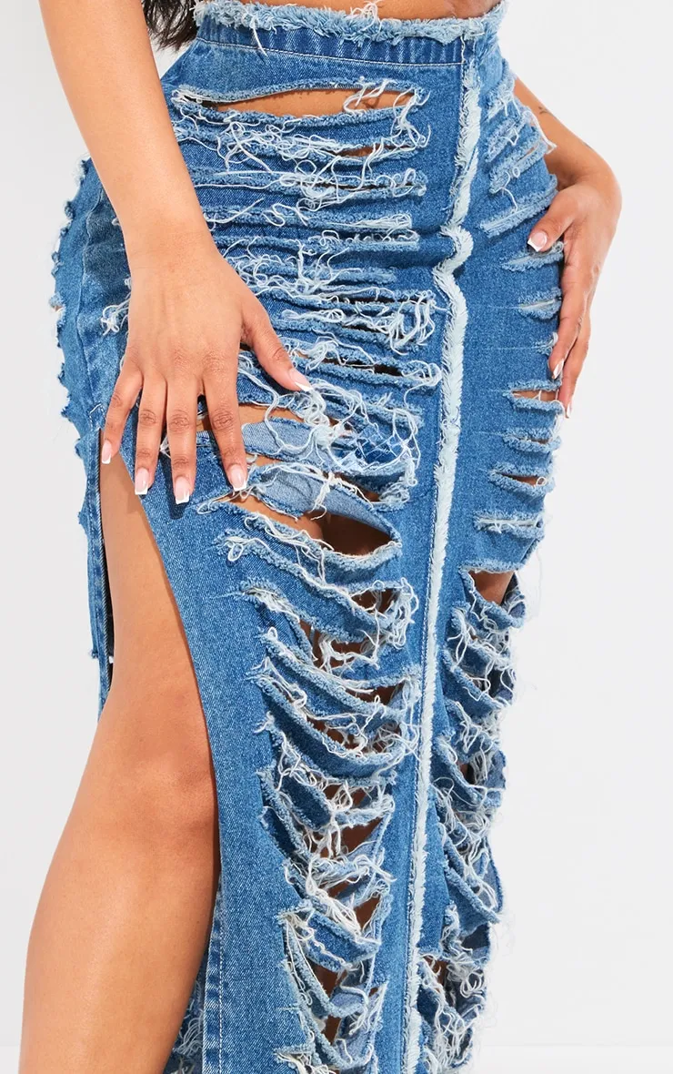 Shape Blue Frayed Denim Maxi Skirt sold by Pretty Little Thing product image thumbnail 4
