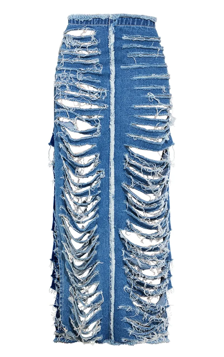 Shape Blue Frayed Denim Maxi Skirt sold by Pretty Little Thing product image thumbnail 5
