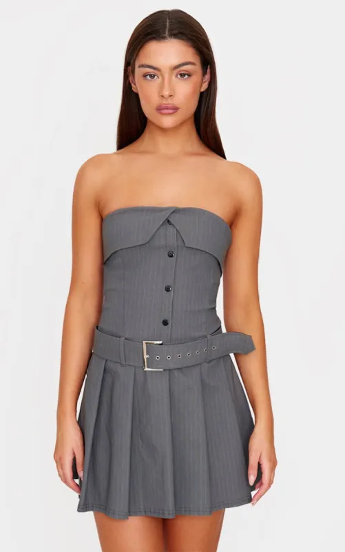 Grey Pinstripe Tailored Bandeau Belt Pleated Shift Dress sold by Pretty Little Thing