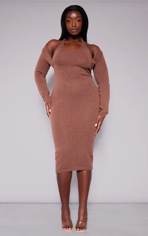 Plus Chocolate Halter Neck Knitted Midi Dress sold by Pretty Little Thing