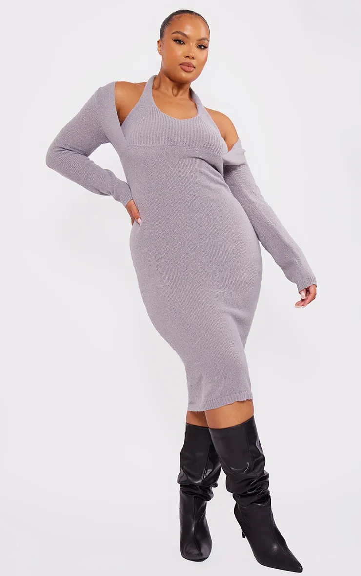 Plus Grey Halterneck Knitted Midi Dress sold by Pretty Little Thing