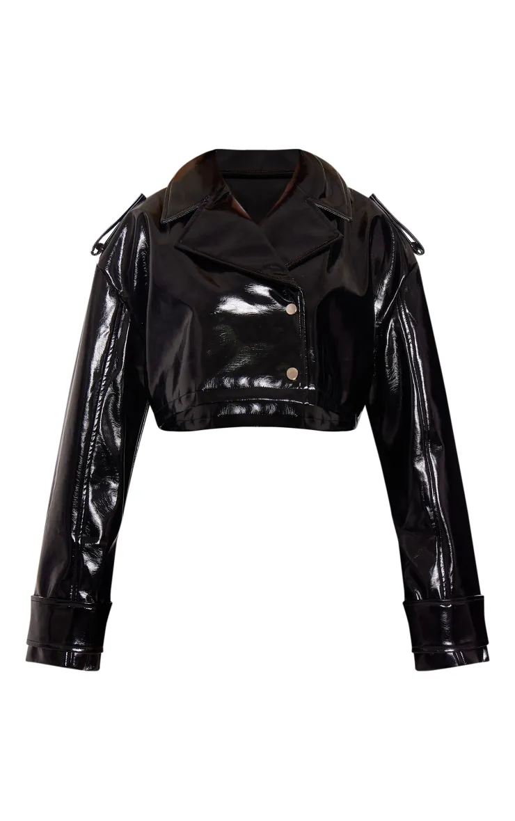 Black Patent Faux Leather Cropped Trench sold by Pretty Little Thing product image thumbnail 5
