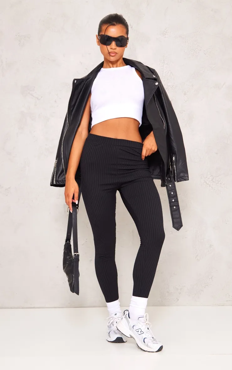 Harlie Black Ribbed High Waisted Leggings sold by Pretty Little Thing