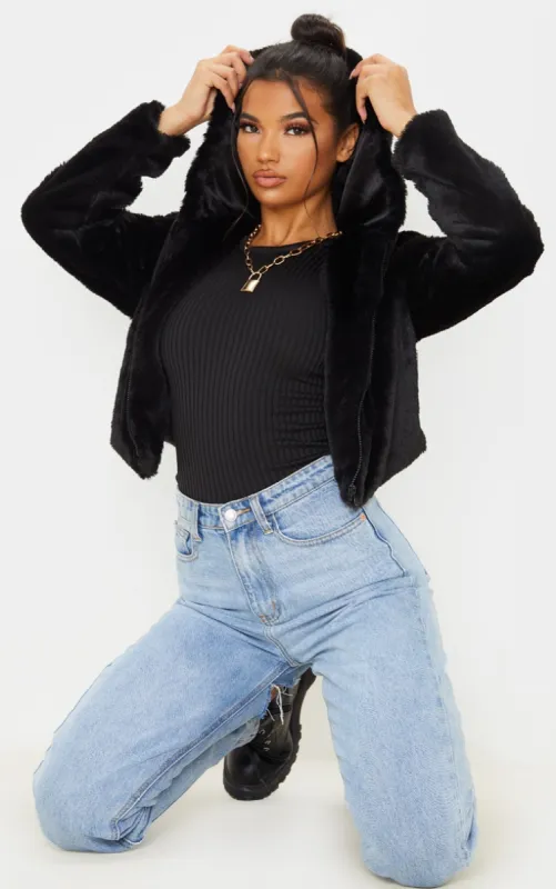 Black Faux Fur Cropped Hooded Jacket sold by Pretty Little Thing