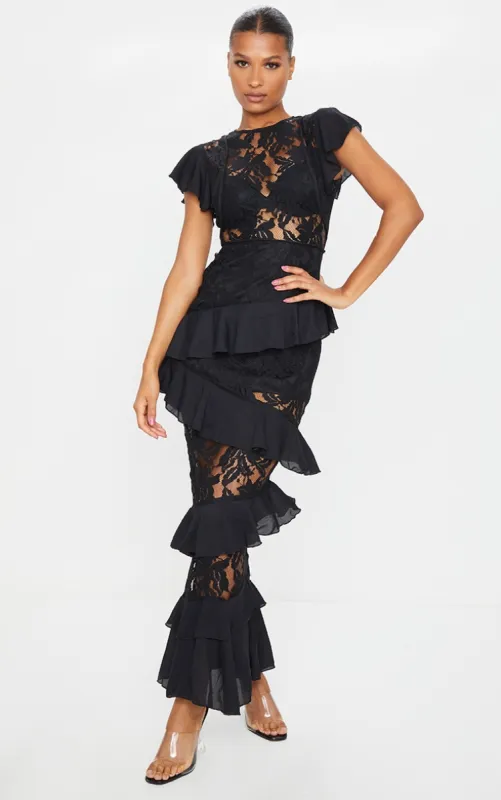 Black Lace Ruffle Detail Maxi Dress sold by Pretty Little Thing