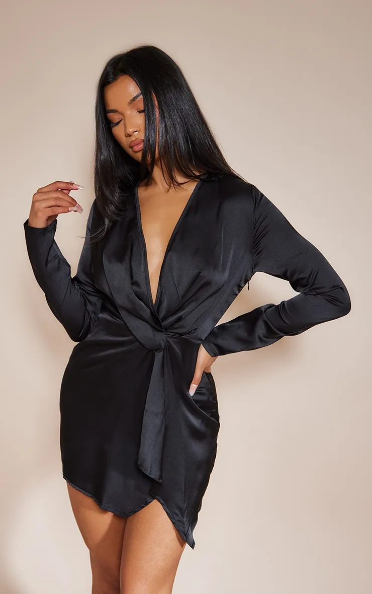 Black Satin Long Sleeve Wrap Dress sold by Pretty Little Thing