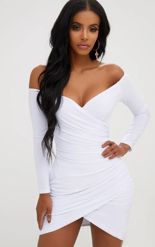 Shape White Ruched Bardot Bodycon Dress sold by Pretty Little Thing