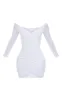 Shape White Ruched Bardot Bodycon Dress sold by Pretty Little Thing