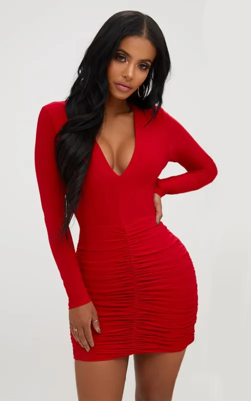 Shape Red Slinky Ruched Mini Dress sold by Pretty Little Thing