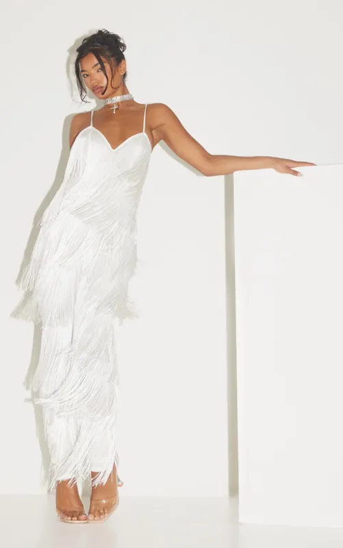 White Tassel Plunge Jumpsuit sold by Pretty Little Thing