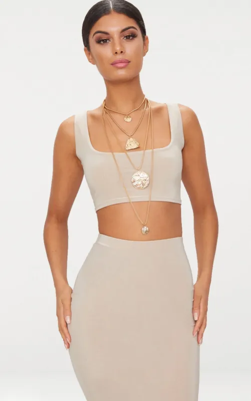 Stone Slinky Square Neck Sleeveless Crop Top sold by Pretty Little Thing