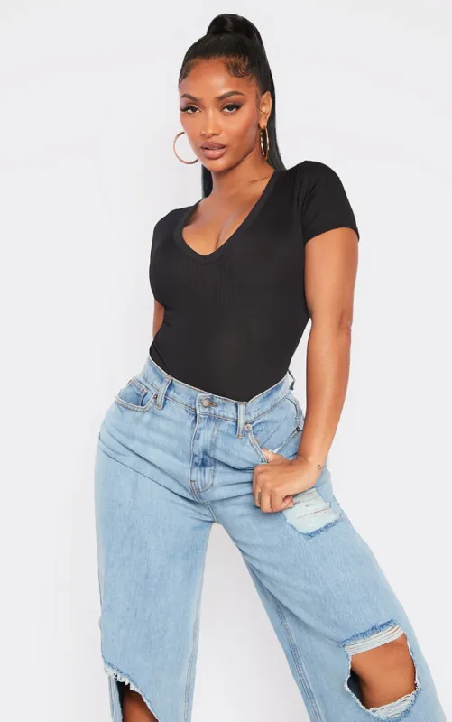 Shape Black Ribbed Plunge Short Sleeve Bodysuit sold by Pretty Little Thing