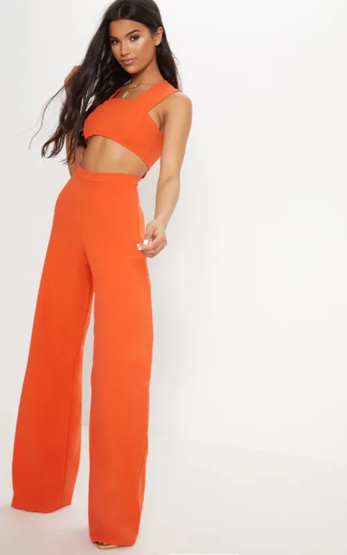 Orange Crepe Cut Out Jumpsuit sold by Pretty Little Thing