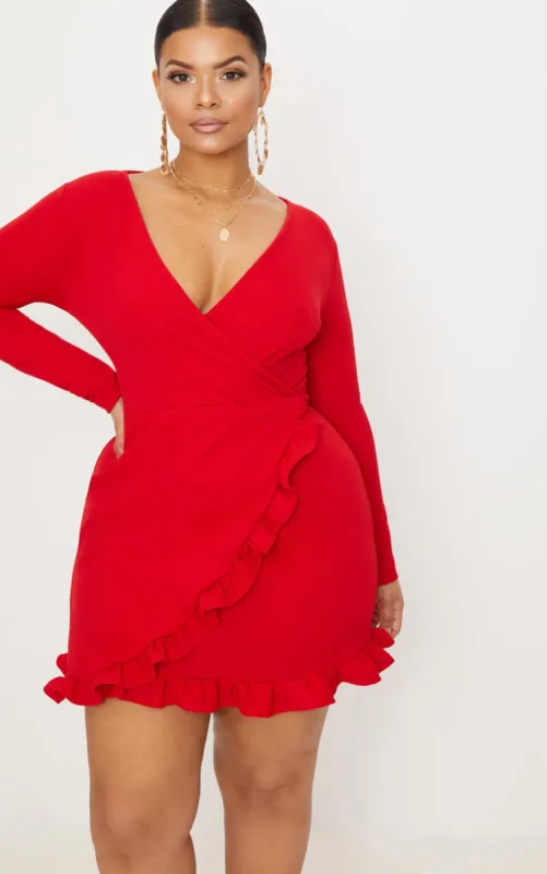 Plus Red Ruffle Detail Wrap Dress made by Pretty Little Thing