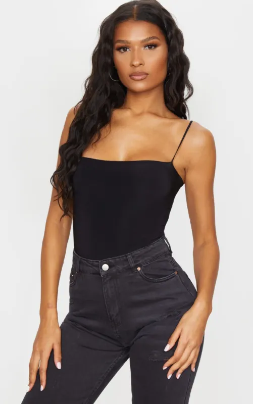 Black Slinky Square Neck Spaghetti Strap Bodysuit sold by Pretty Little Thing