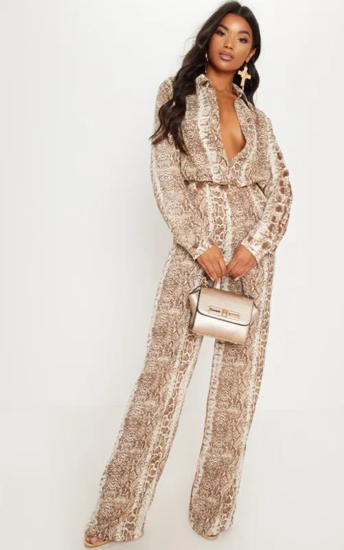 Brown Snake Print Wide Leg Trousers sold by Pretty Little Thing