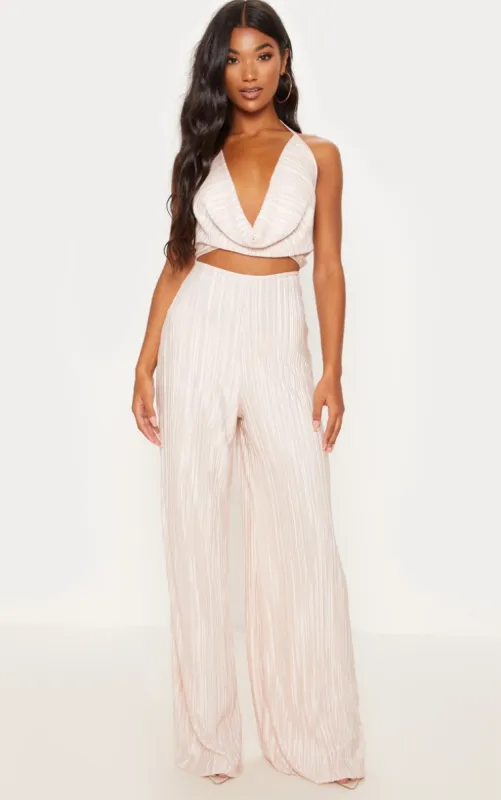 Champagne Pleated Cowl Neck Cut Out Detail Jumpsuit sold by Pretty Little Thing