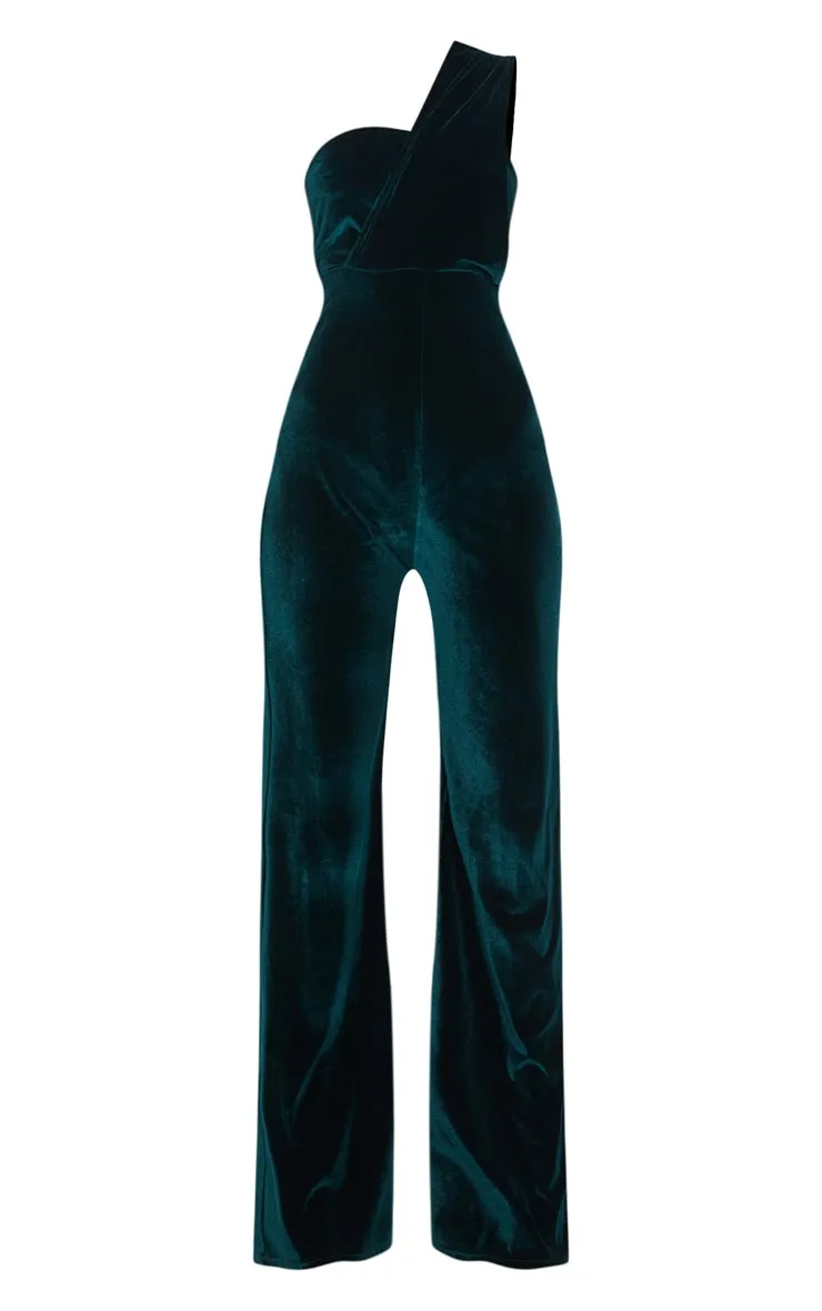 Emerald Green Velvet Drape One Shoulder Jumpsuit sold by Pretty Little Thing product image thumbnail 3