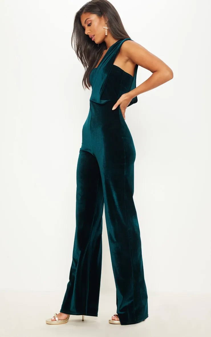 Emerald Green Velvet Drape One Shoulder Jumpsuit sold by Pretty Little Thing product image thumbnail 4