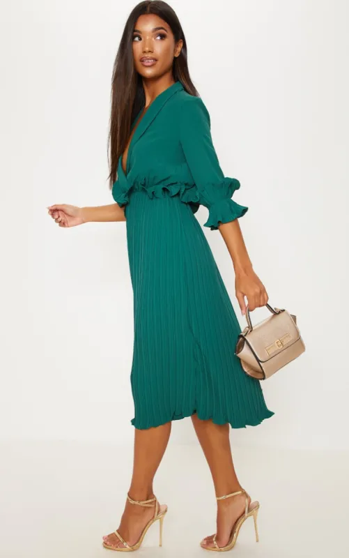 Emerald Green Frill Detail Pleated Midi Dress sold by Pretty Little Thing