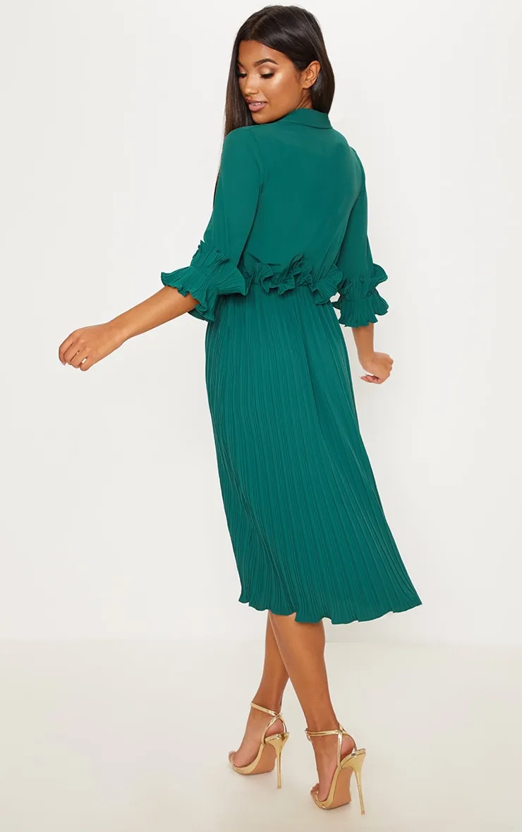 Emerald Green Frill Detail Pleated Midi Dress sold by Pretty Little Thing product image thumbnail 2