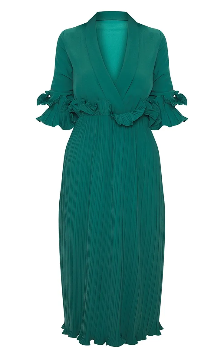 Emerald Green Frill Detail Pleated Midi Dress sold by Pretty Little Thing product image thumbnail 3