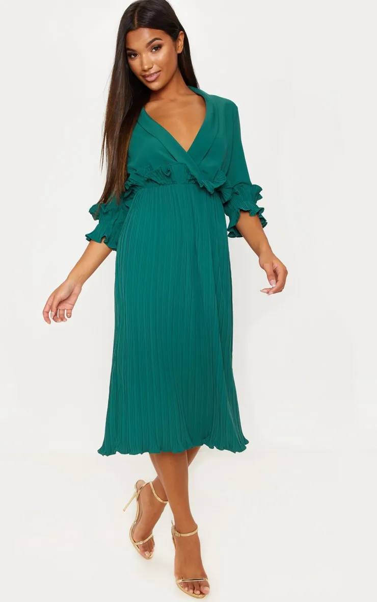 Emerald Green Frill Detail Pleated Midi Dress sold by Pretty Little Thing product image thumbnail 4