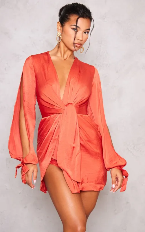 Rust Satin Twist Front Open Sleeve Wrap Dress sold by Pretty Little Thing